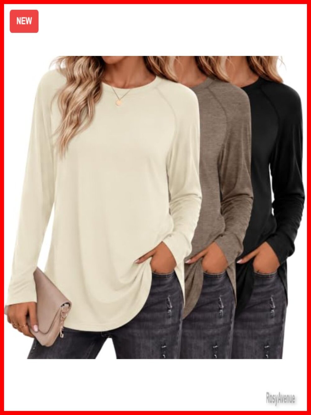 Loose Fit Crew Neck Raglan Sleeve Tunic Tees Side Slits Curved Hem
